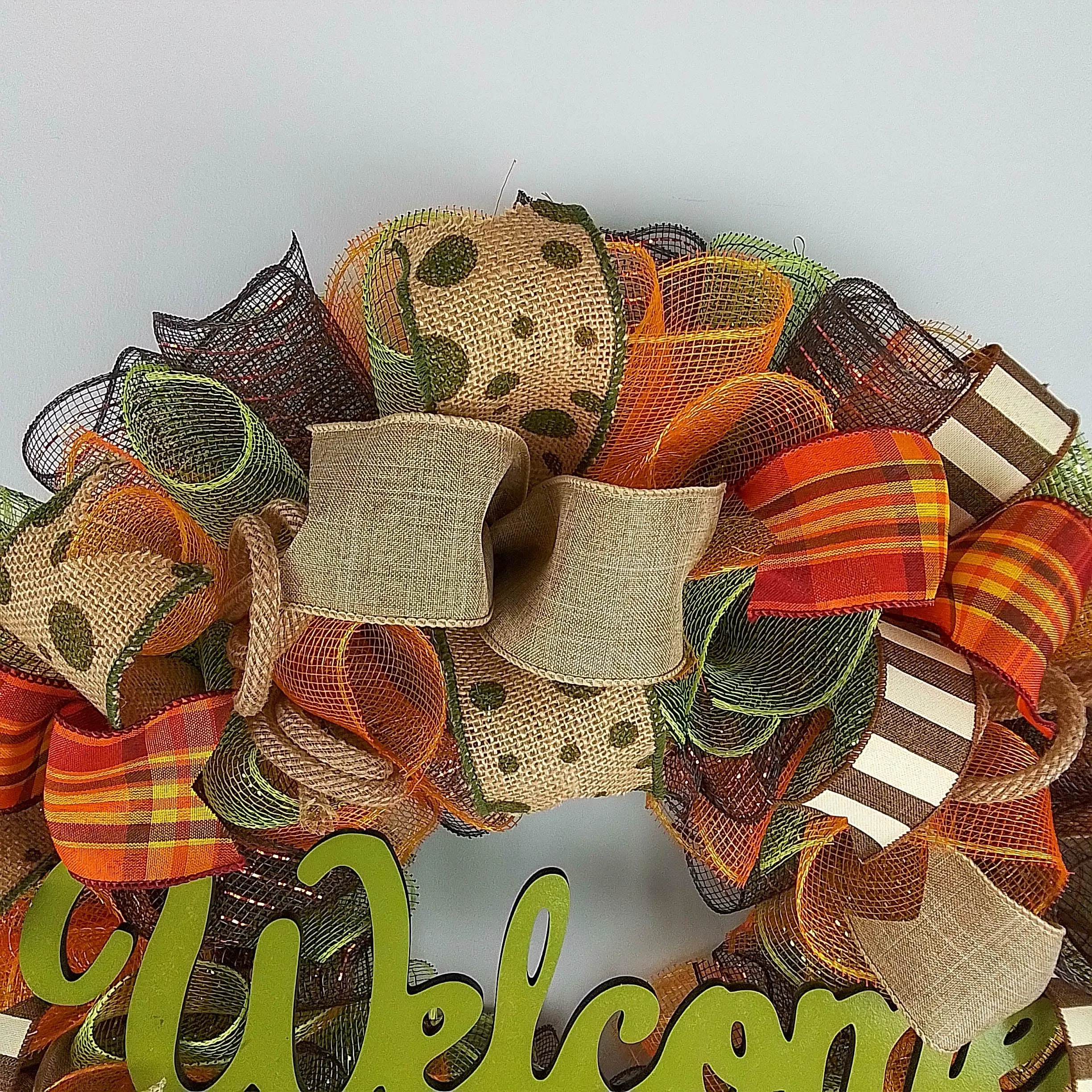 Welcome Wreath for Fall, Green Front Door Wreath for Thanksgiving : F1