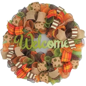 Welcome Wreath for Fall, Green Front Door Wreath for Thanksgiving : F1