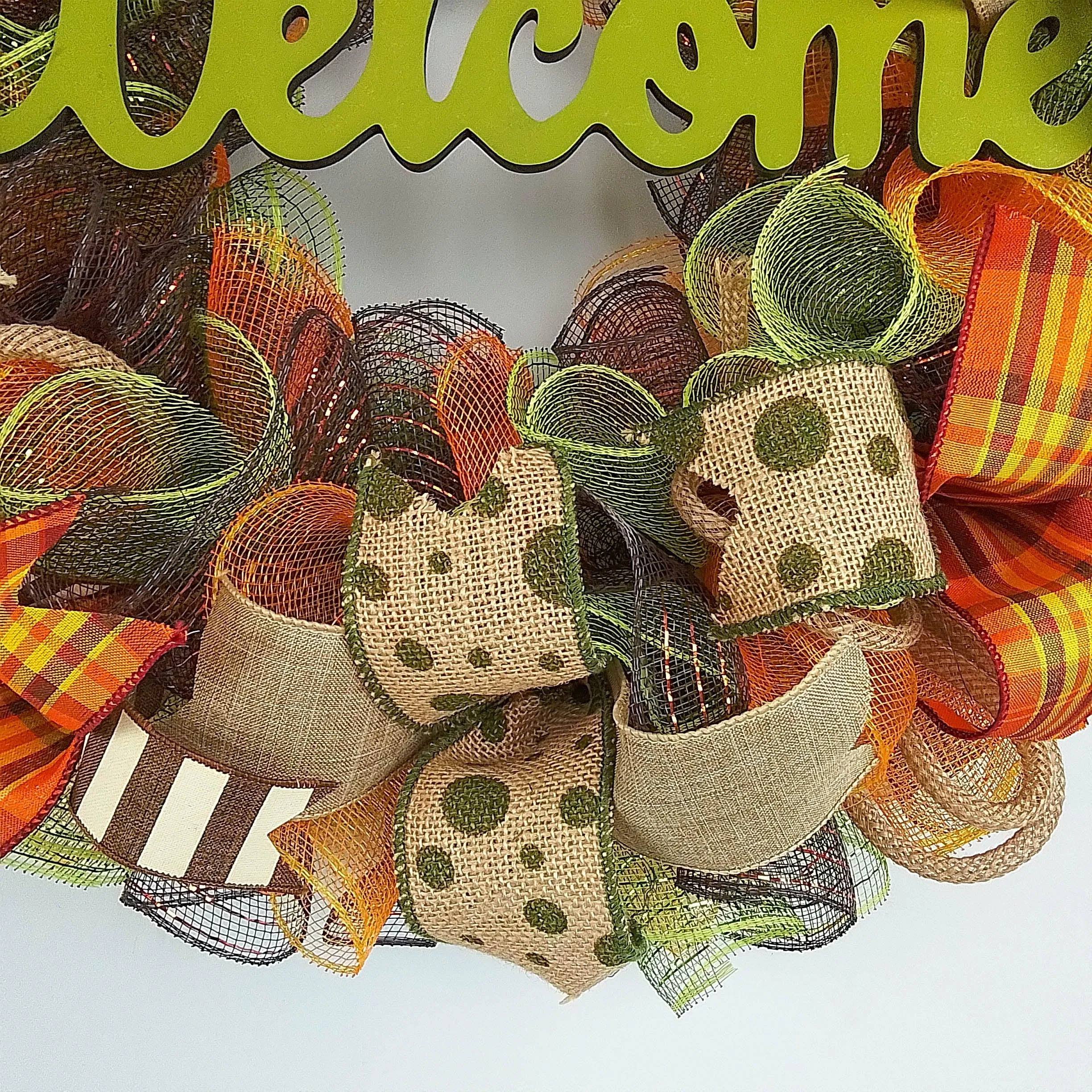 Welcome Wreath for Fall, Green Front Door Wreath for Thanksgiving : F1