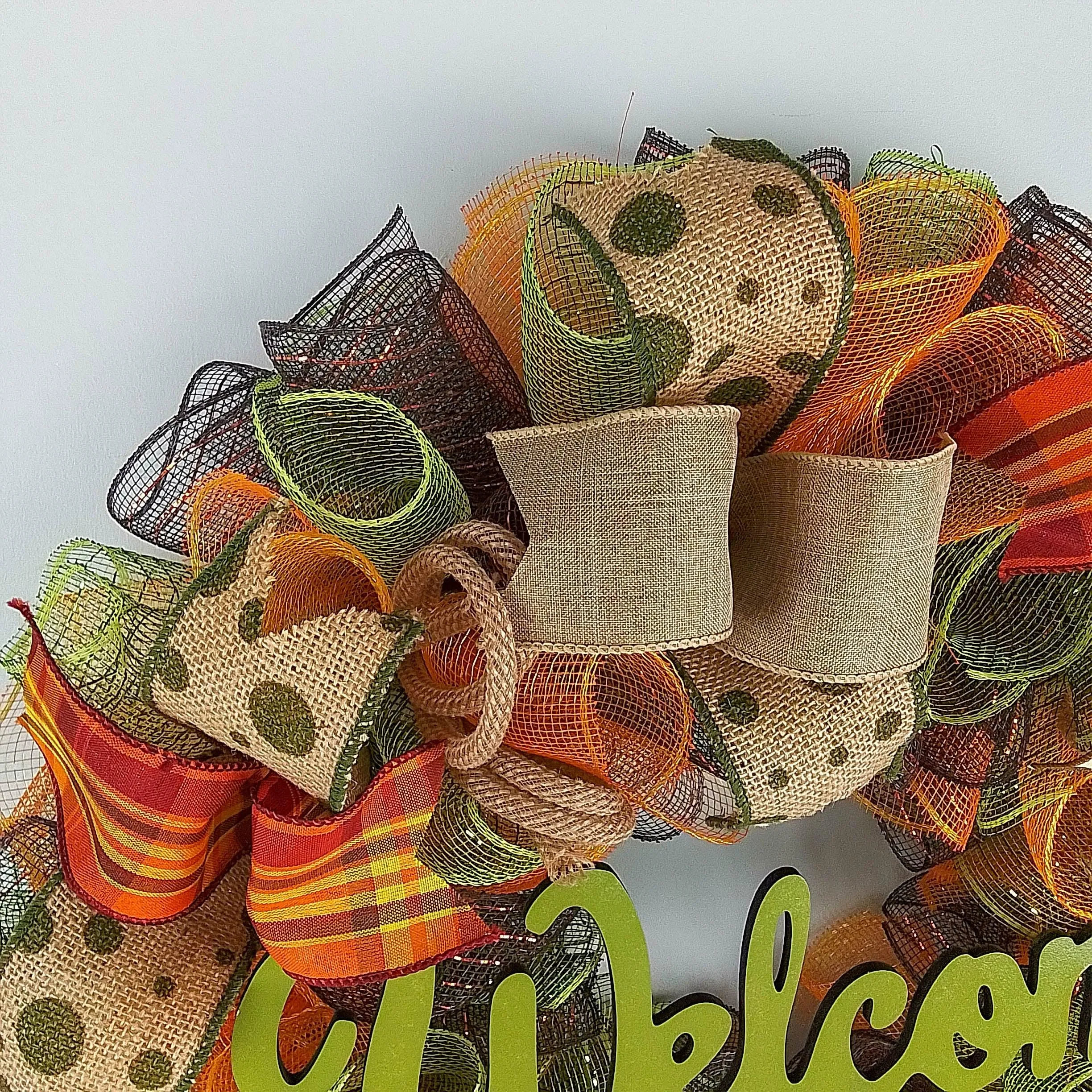 Welcome Wreath for Fall, Green Front Door Wreath for Thanksgiving : F1