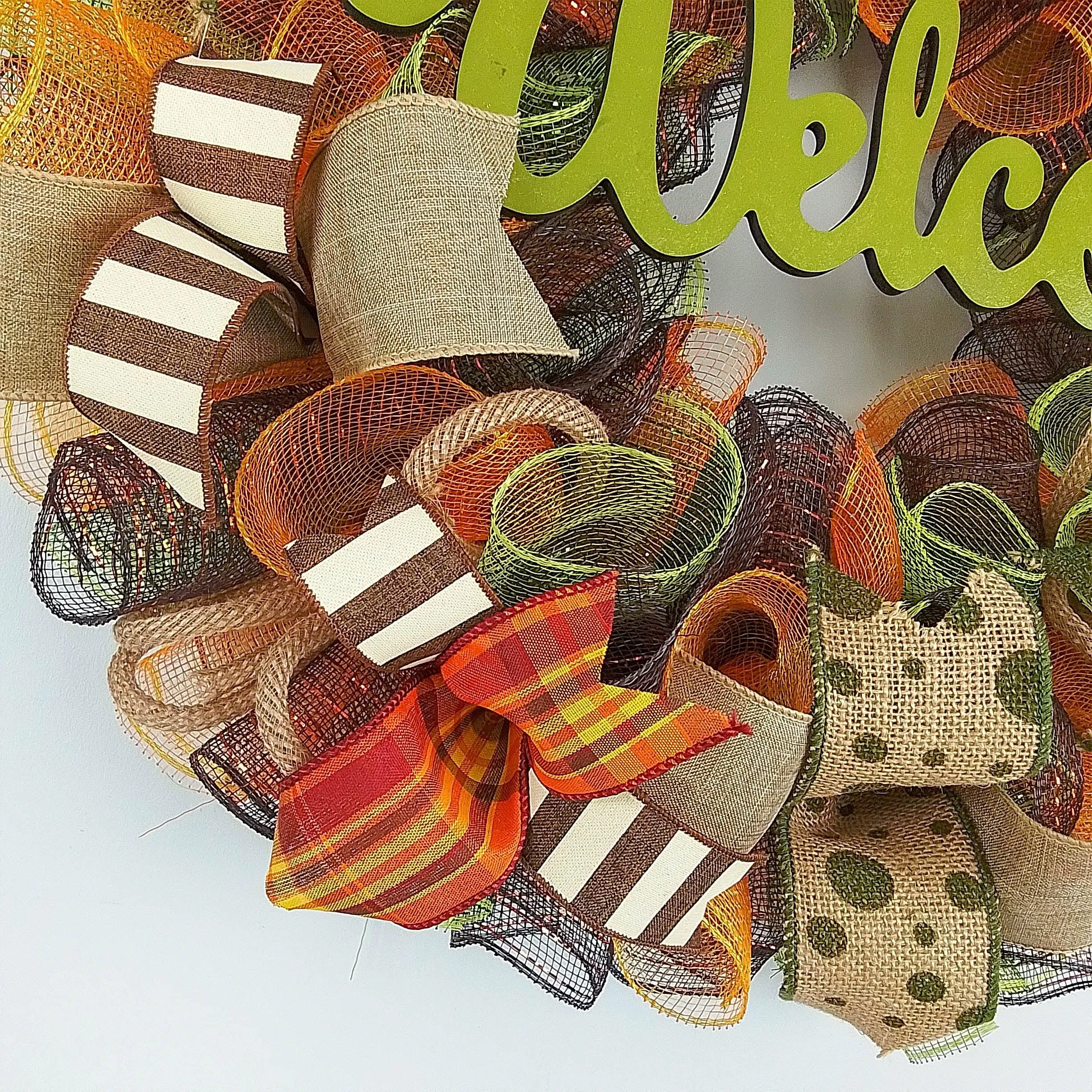 Welcome Wreath for Fall, Green Front Door Wreath for Thanksgiving : F1