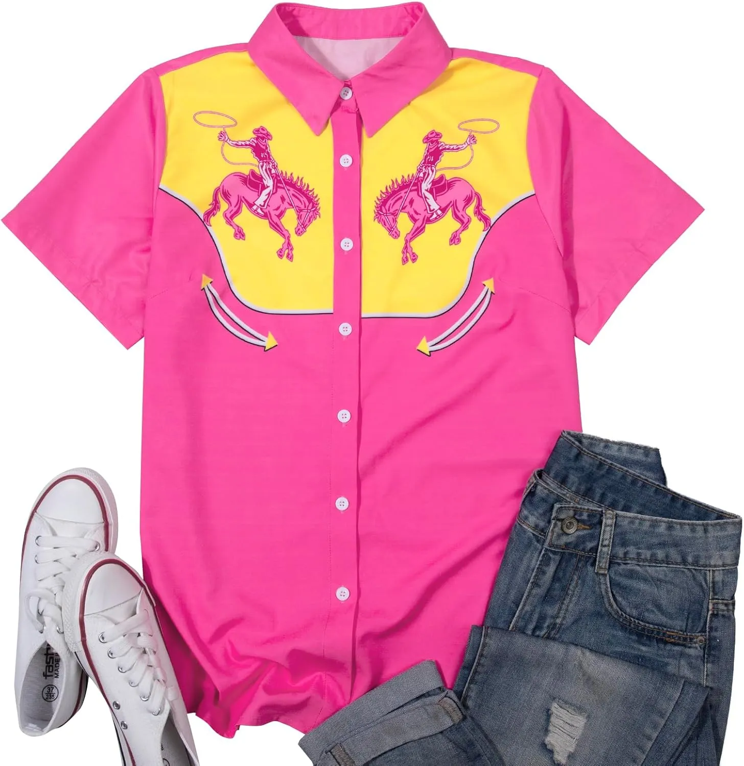 Western Shirts for Women Retro Cowgirl Shirt Rodeo Button Up Tshirt Hawaiian Summer Vacation Short Sleeve Top Blouses