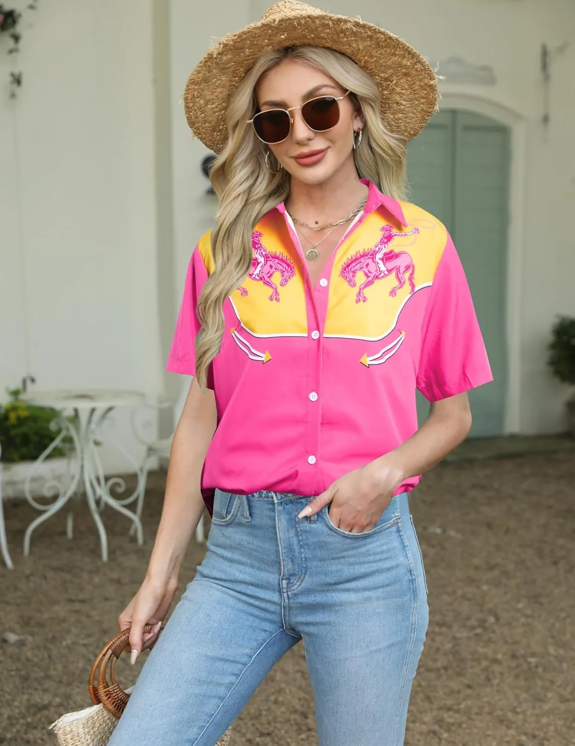 Western Shirts for Women Retro Cowgirl Shirt Rodeo Button Up Tshirt Hawaiian Summer Vacation Short Sleeve Top Blouses