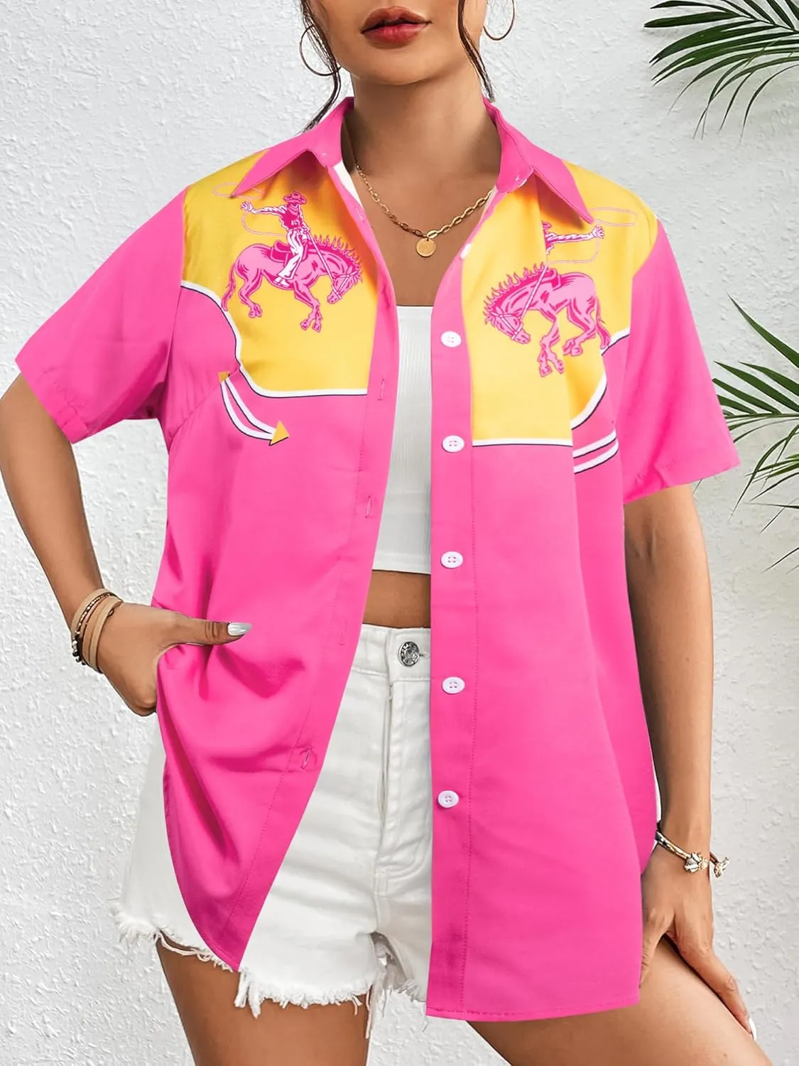 Western Shirts for Women Retro Cowgirl Shirt Rodeo Button Up Tshirt Hawaiian Summer Vacation Short Sleeve Top Blouses