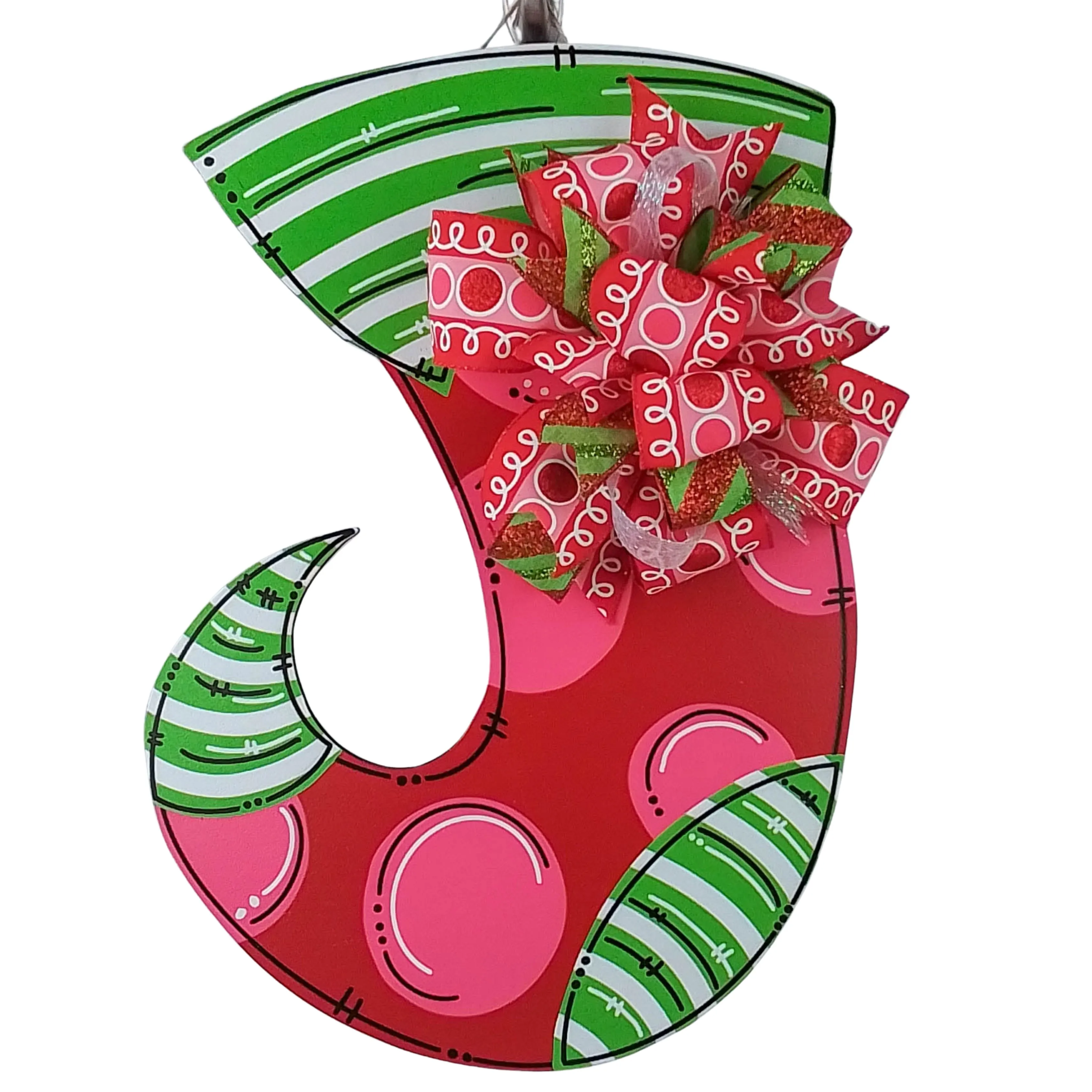 Whimsical Christmas Stocking Door Hanger, Birch Wood Holiday Decoration, Hand-Painted Festive Door Decor