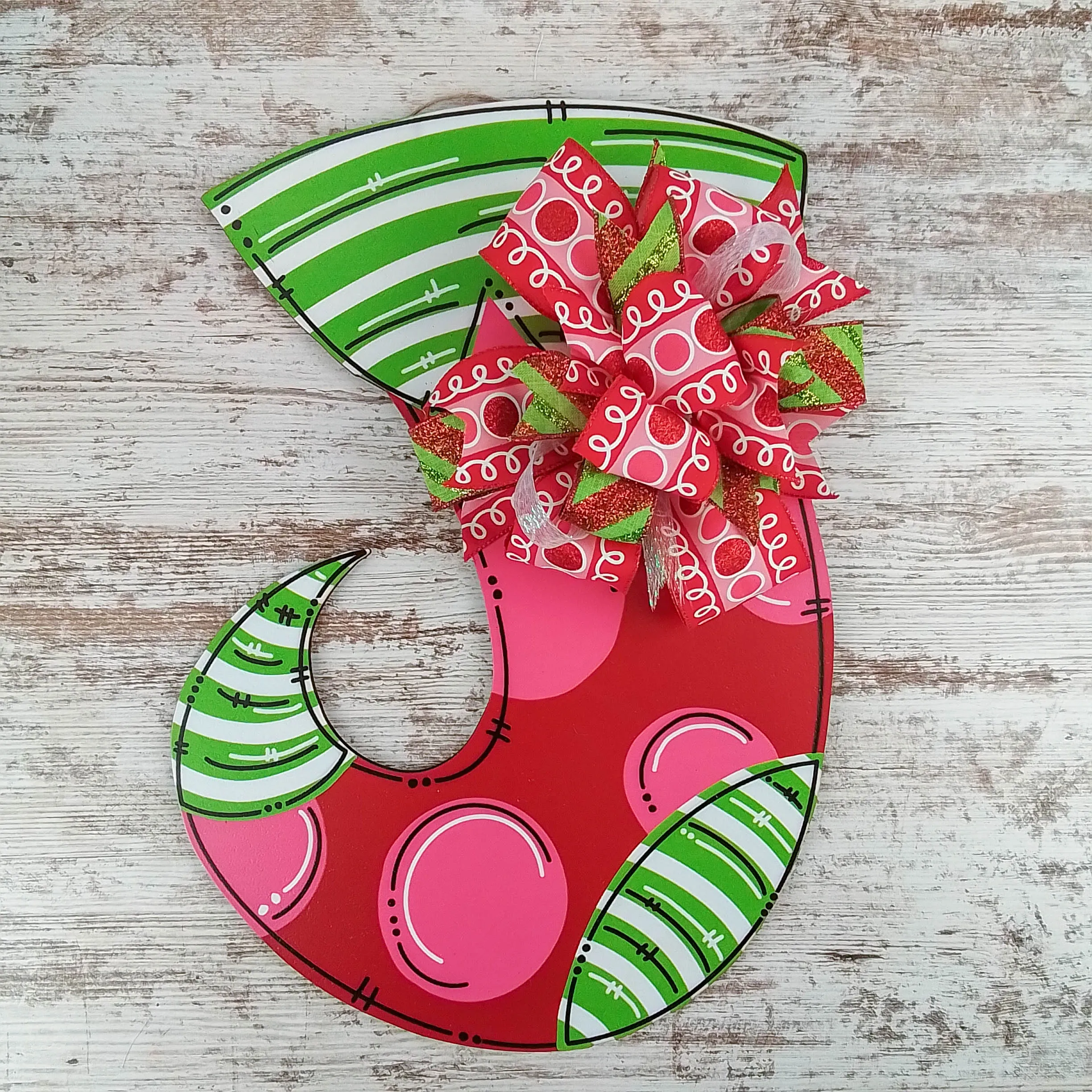 Whimsical Christmas Stocking Door Hanger, Birch Wood Holiday Decoration, Hand-Painted Festive Door Decor