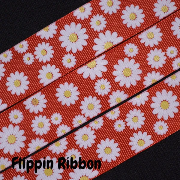 White Daisy Ribbon - 1 inch Printed Grosgrain