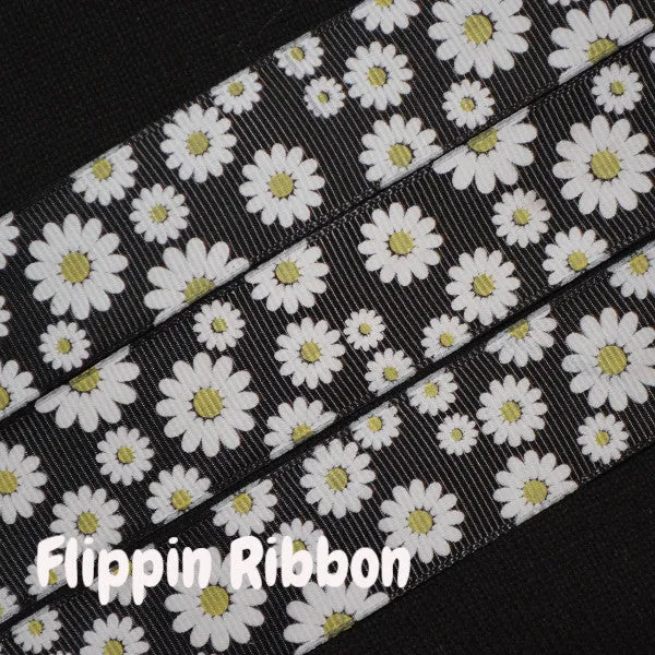 White Daisy Ribbon - 1 inch Printed Grosgrain