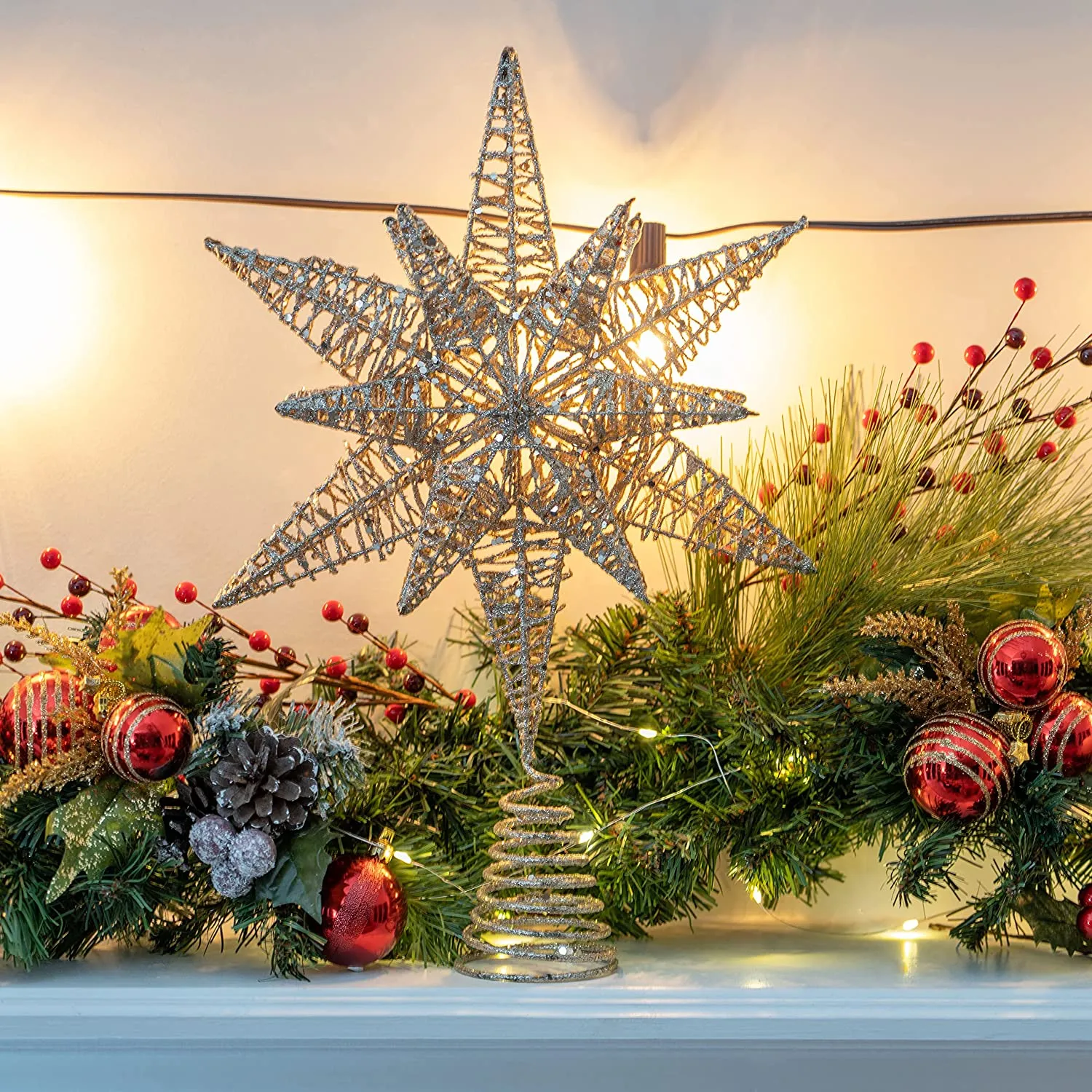 White Gold Tree Topper – Christmas Gold 3D Glitter Star Ornament Treetop Decoration