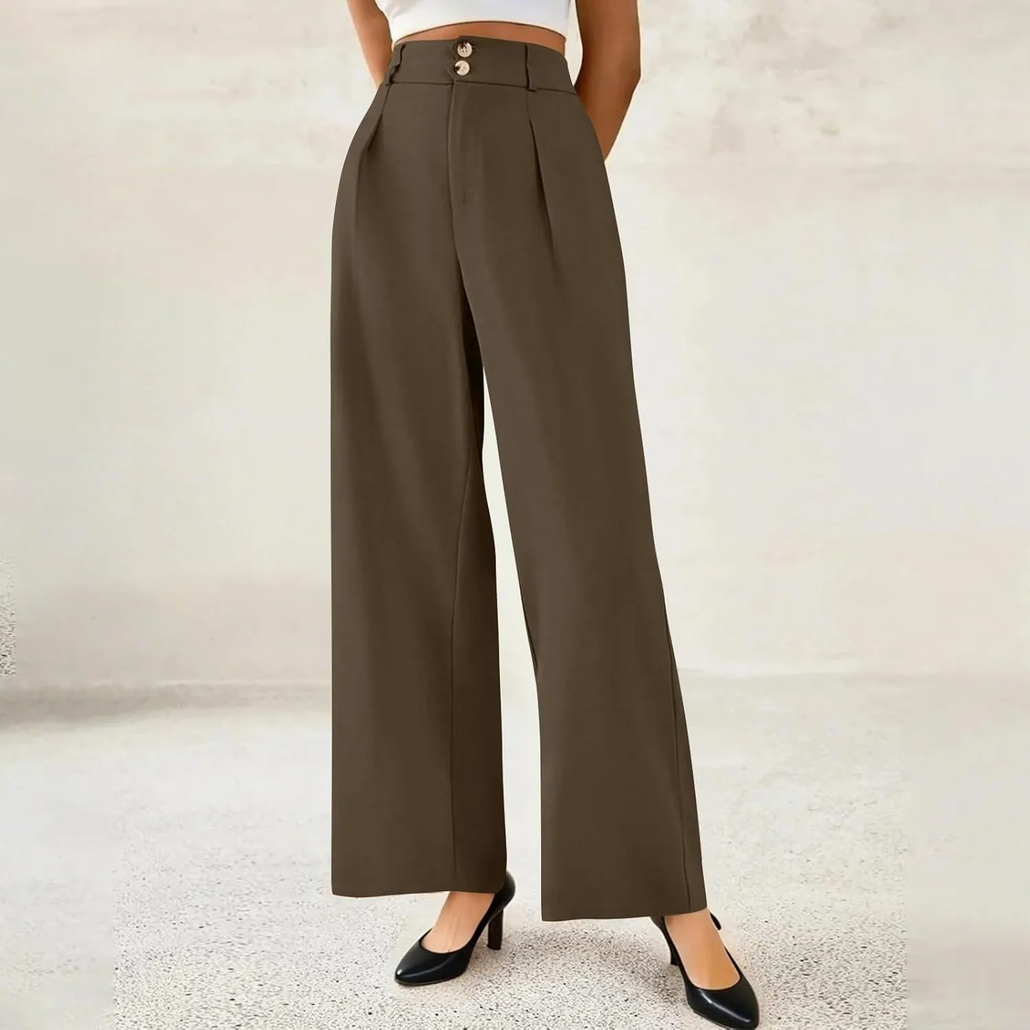 Wide Leg Dress Pants Women Summer Button High Waist Business Work Pants Relaxed Fit Formal Office Trousers w/Pockets