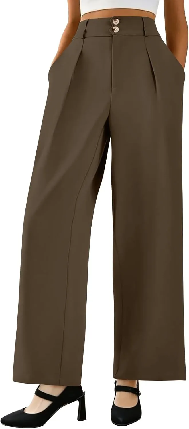Wide Leg Dress Pants Women Summer Button High Waist Business Work Pants Relaxed Fit Formal Office Trousers w/Pockets
