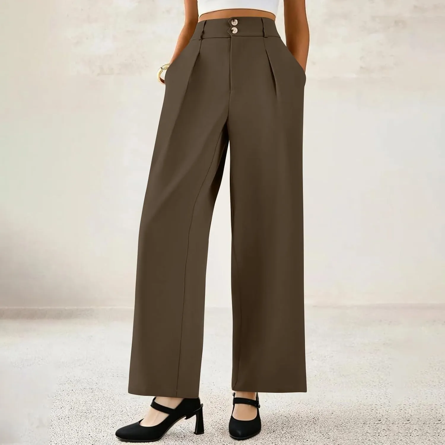 Wide Leg Dress Pants Women Summer Button High Waist Business Work Pants Relaxed Fit Formal Office Trousers w/Pockets