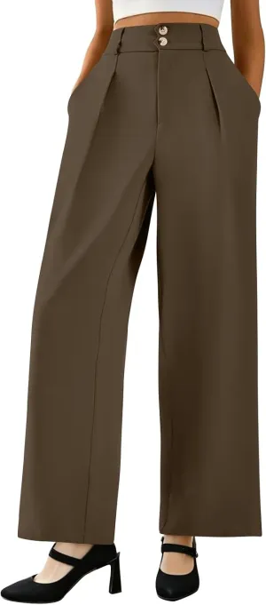 Wide Leg Dress Pants Women Summer Button High Waist Business Work Pants Relaxed Fit Formal Office Trousers w/Pockets