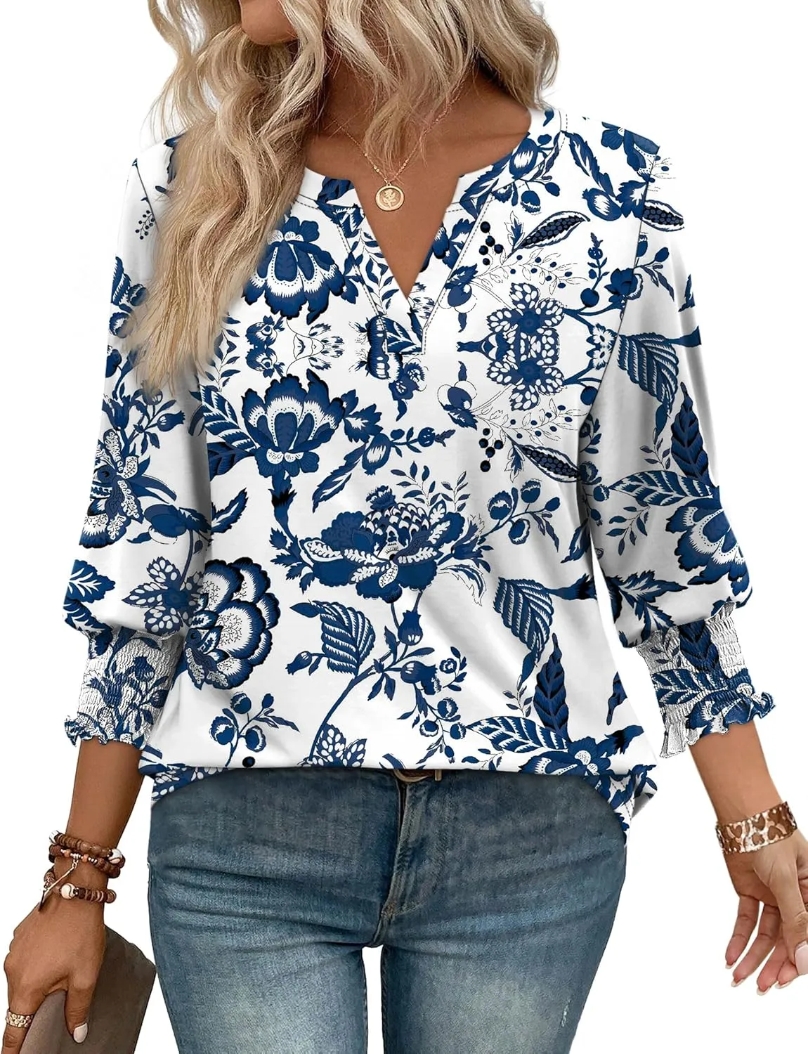WIHOLL Blouses for Women Dressy Casual 3/4 Length Sleeve Womens Tops Trendy Summer Spring Shirts S-3XL
