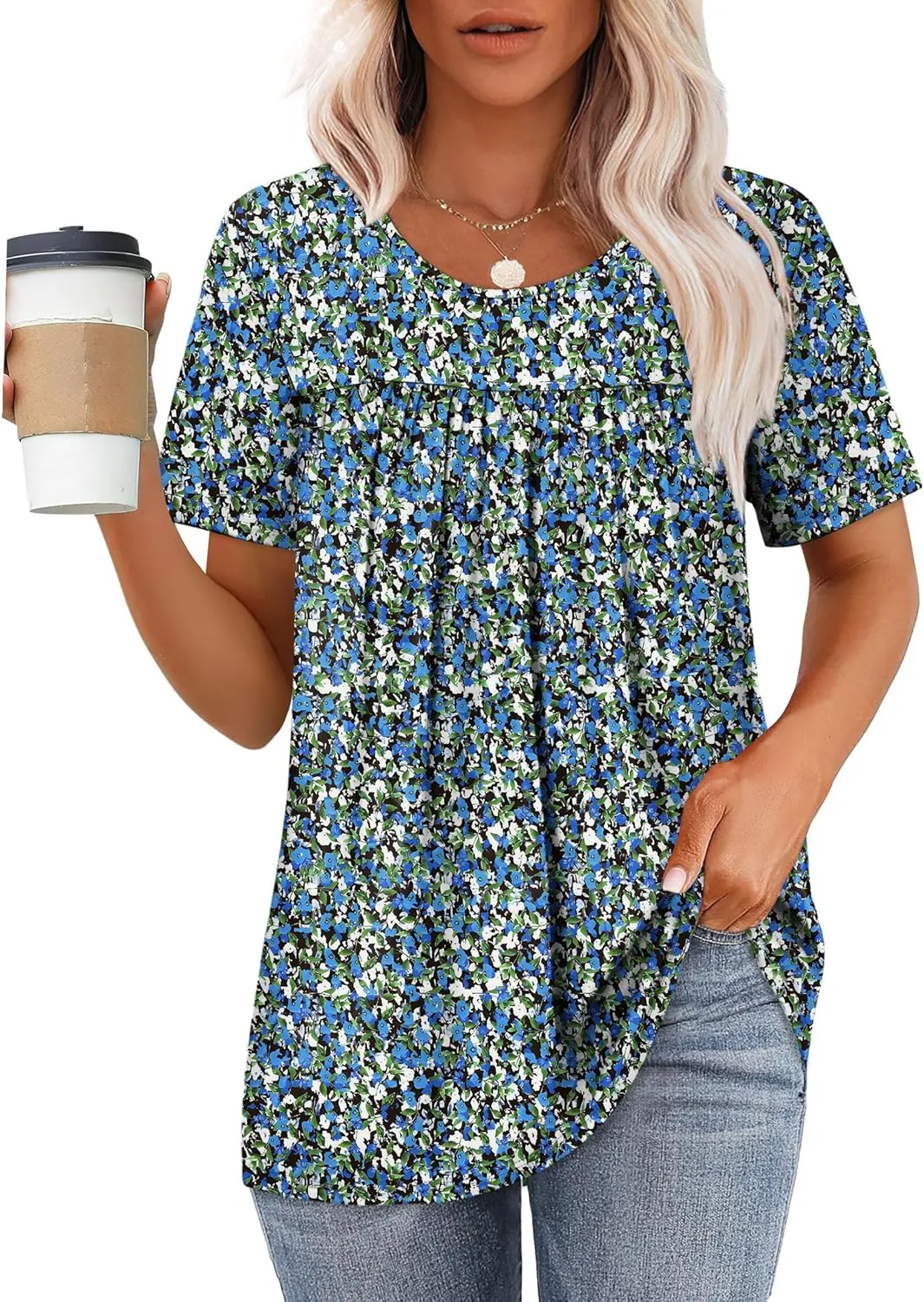 WIHOLL Womens Tops Short Sleeve T Shirts Pleated Dressy Casual Round Neck Summer Clothes Outfits Blouses Loose Fit