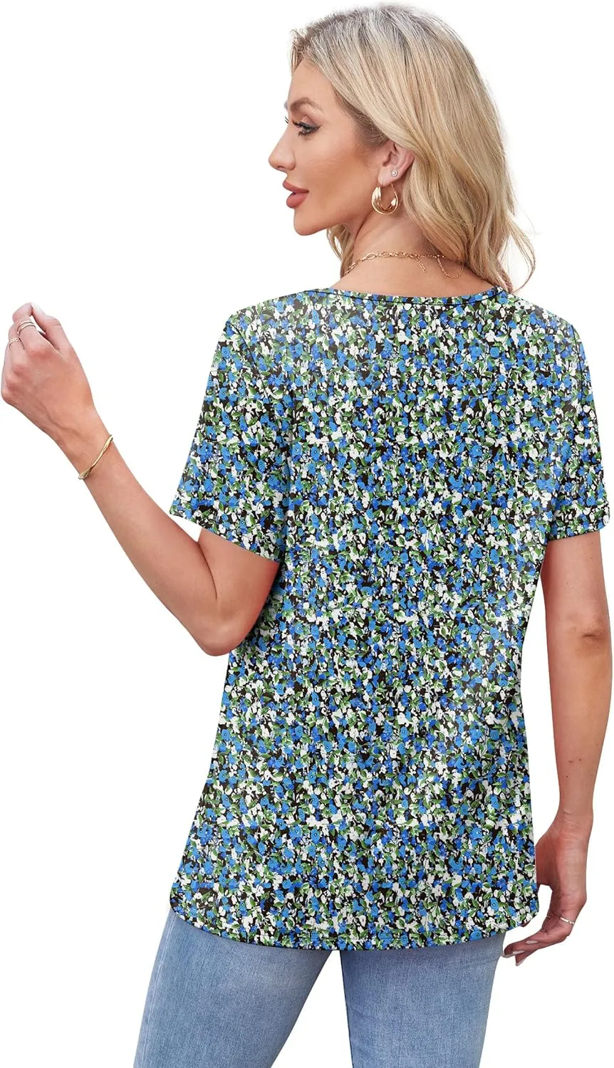 WIHOLL Womens Tops Short Sleeve T Shirts Pleated Dressy Casual Round Neck Summer Clothes Outfits Blouses Loose Fit