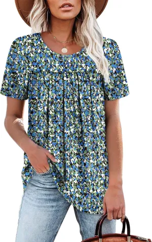 WIHOLL Womens Tops Short Sleeve T Shirts Pleated Dressy Casual Round Neck Summer Clothes Outfits Blouses Loose Fit