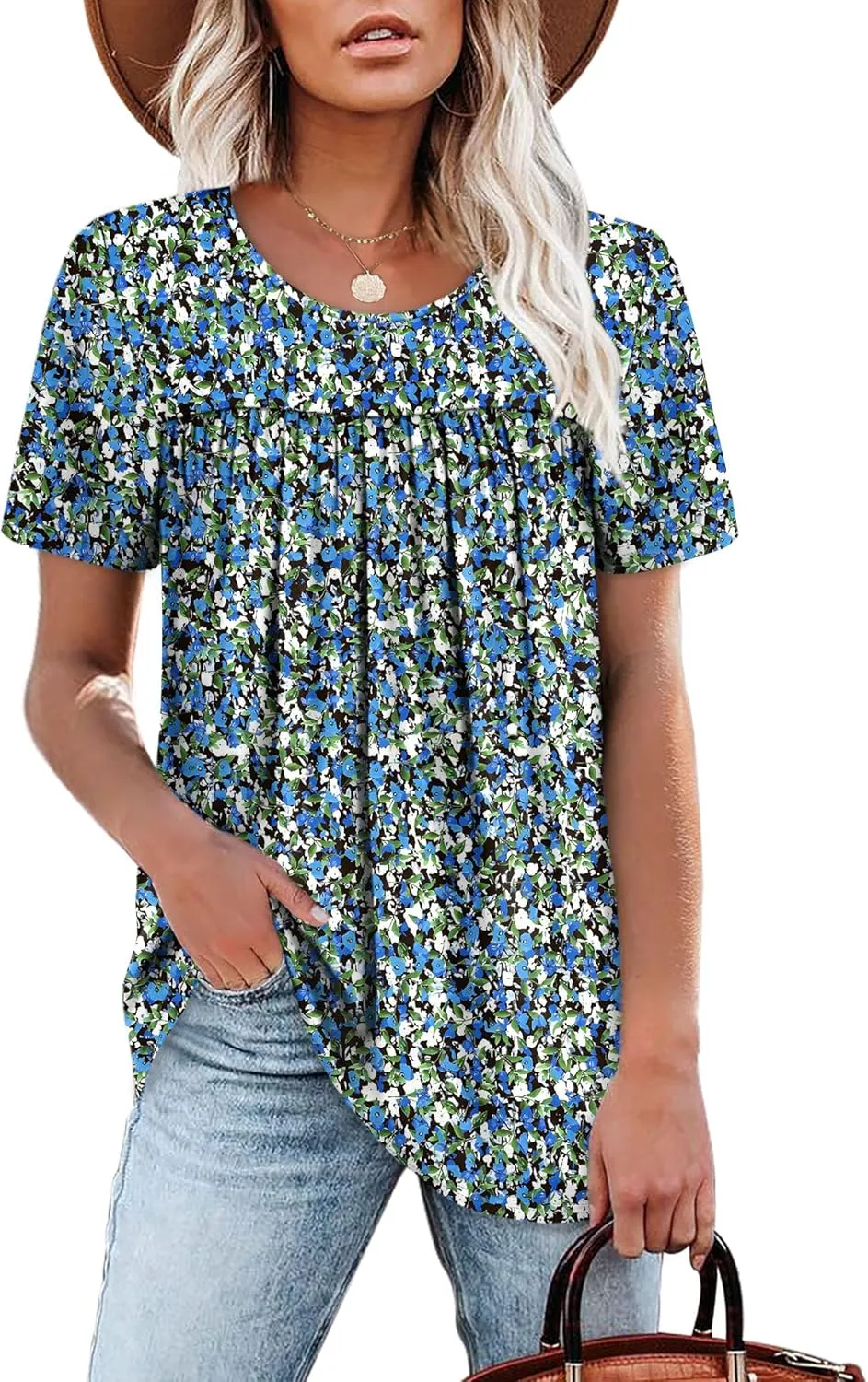 WIHOLL Womens Tops Short Sleeve T Shirts Pleated Dressy Casual Round Neck Summer Clothes Outfits Blouses Loose Fit