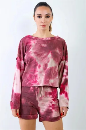 Wine & Sand Tie-Dye Inside Out Wrap Open Back Sweatshirt & High Waist Shorts Set /2-2-1