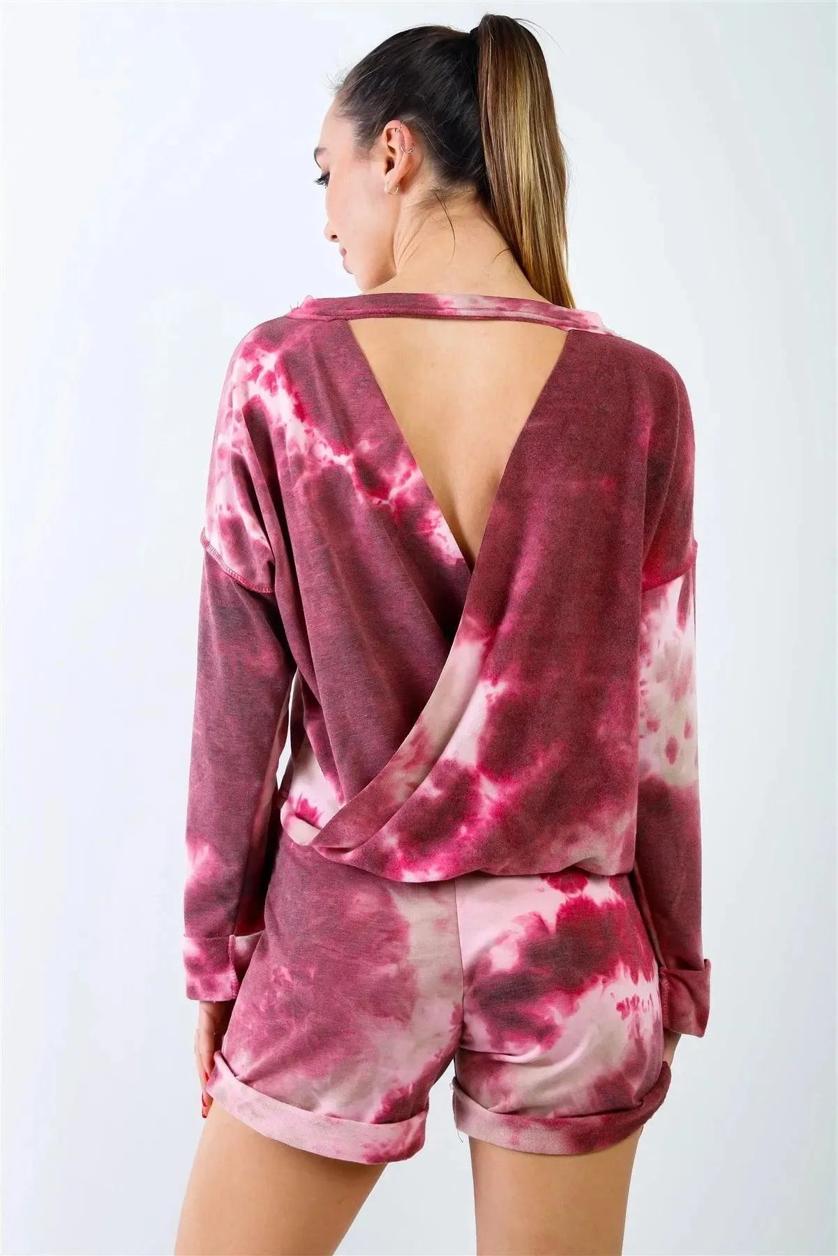 Wine & Sand Tie-Dye Inside Out Wrap Open Back Sweatshirt & High Waist Shorts Set /2-2-1