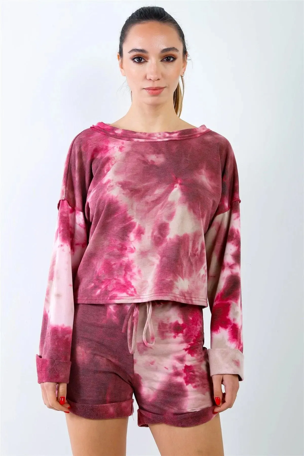 Wine & Sand Tie-Dye Inside Out Wrap Open Back Sweatshirt & High Waist Shorts Set /2-2-1