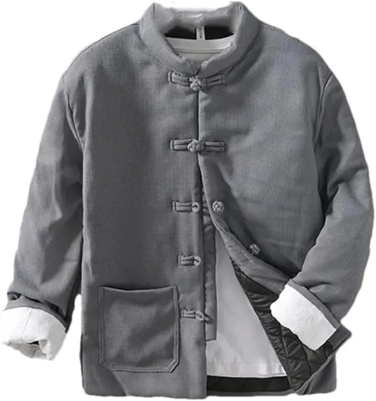 Winter Chinese Style Linen Cotton Padded Outwear Coat Man Clothes Stand Collar Buckle Warm Wadded Jacket For Men