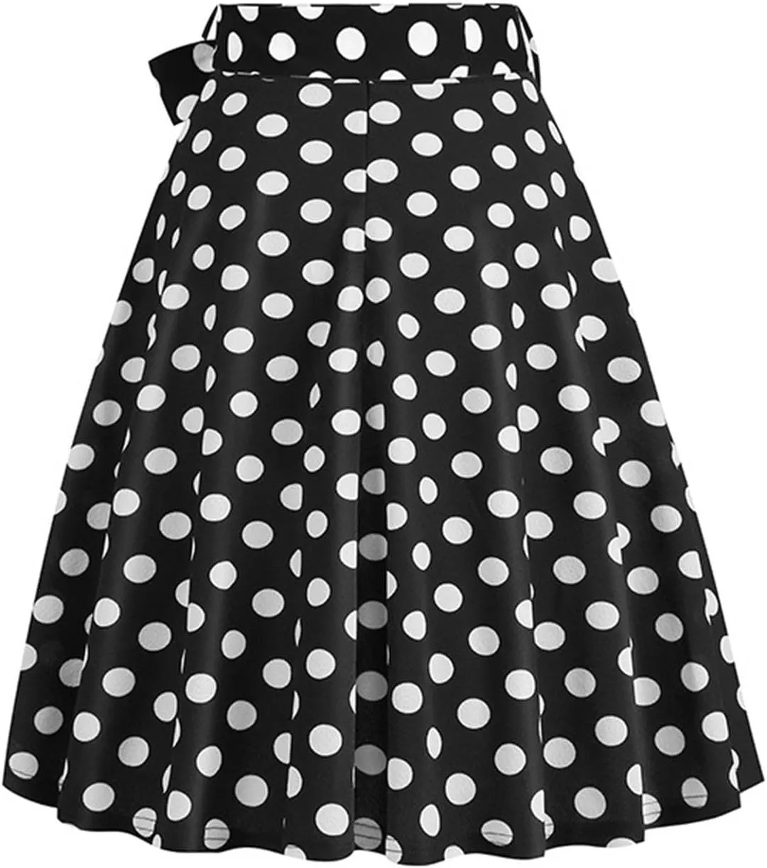 Women 50s Vintage Polka Dot A Line Pleated Midi Skirt Tie Up High Wiast Knee Length Flared Skirt Cocktail Swing Skirts