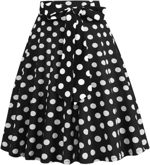 Women 50s Vintage Polka Dot A Line Pleated Midi Skirt Tie Up High Wiast Knee Length Flared Skirt Cocktail Swing Skirts