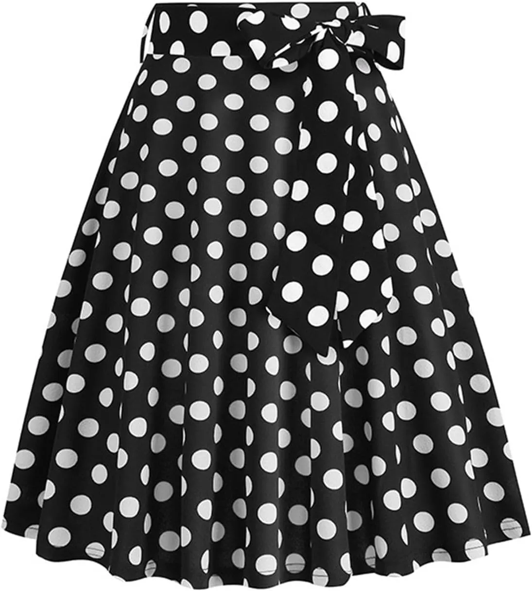 Women 50s Vintage Polka Dot A Line Pleated Midi Skirt Tie Up High Wiast Knee Length Flared Skirt Cocktail Swing Skirts