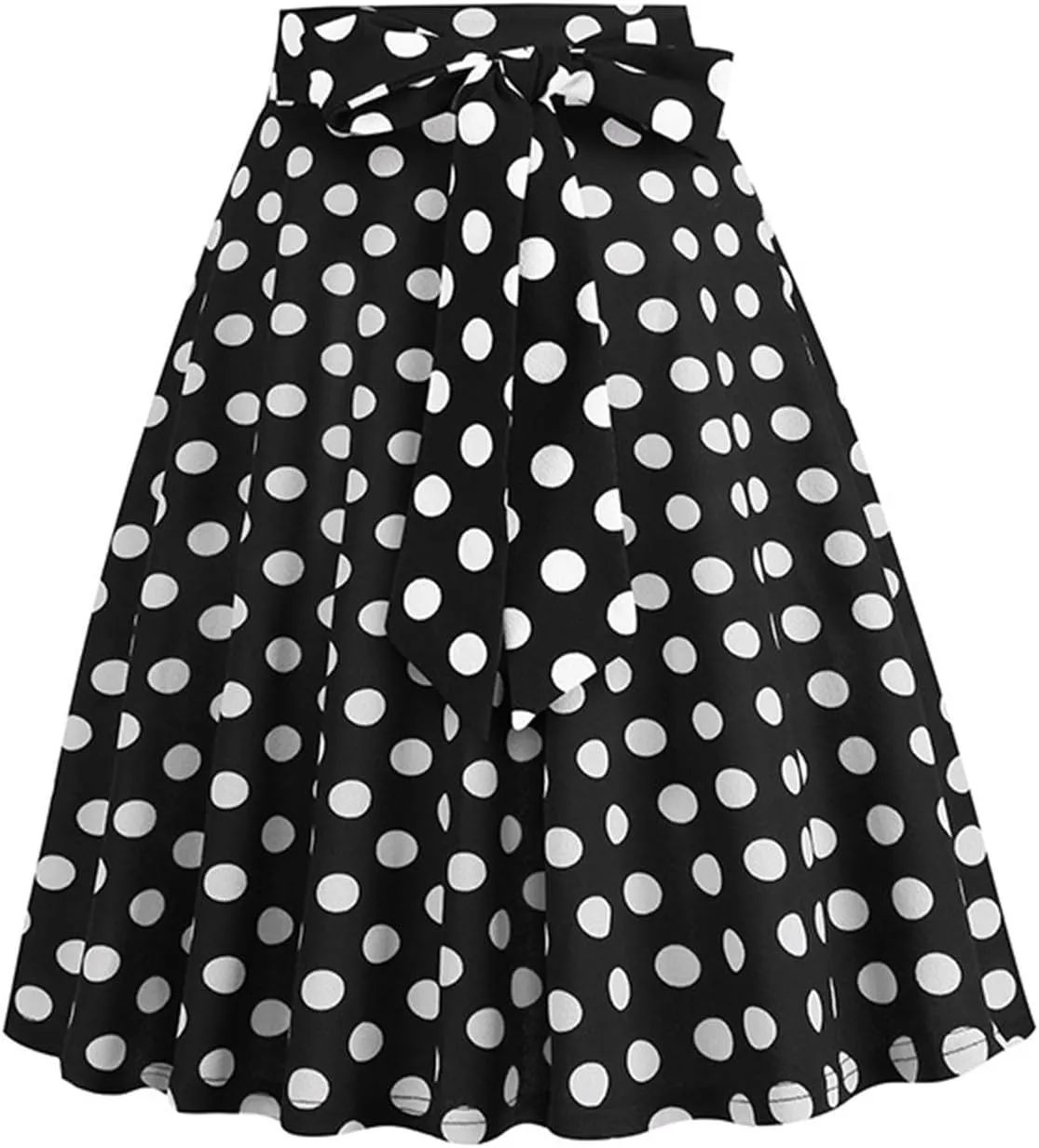 Women 50s Vintage Polka Dot A Line Pleated Midi Skirt Tie Up High Wiast Knee Length Flared Skirt Cocktail Swing Skirts
