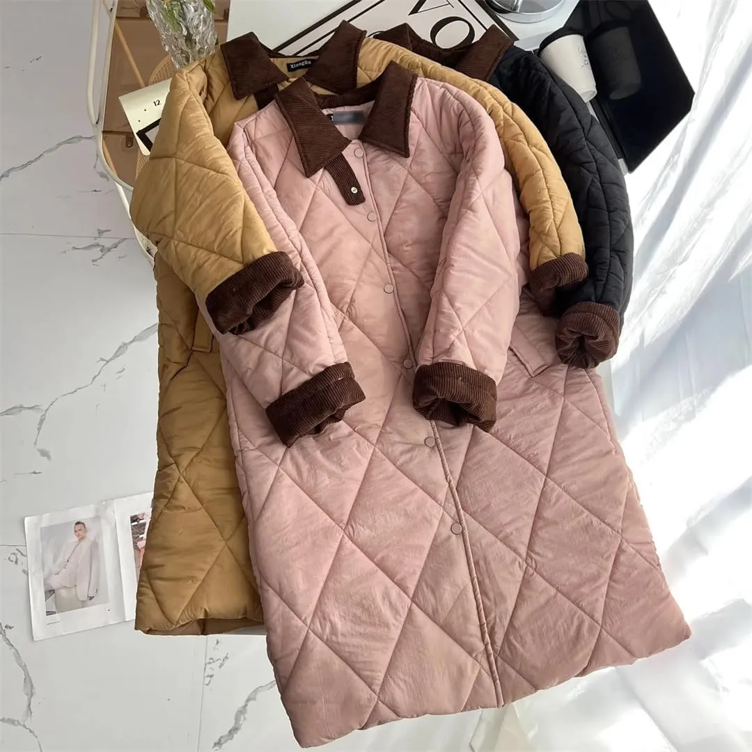 Women Autumn Winter Simple Block Color Long Cotton-Padded Coat Plus Size Warm Parkas