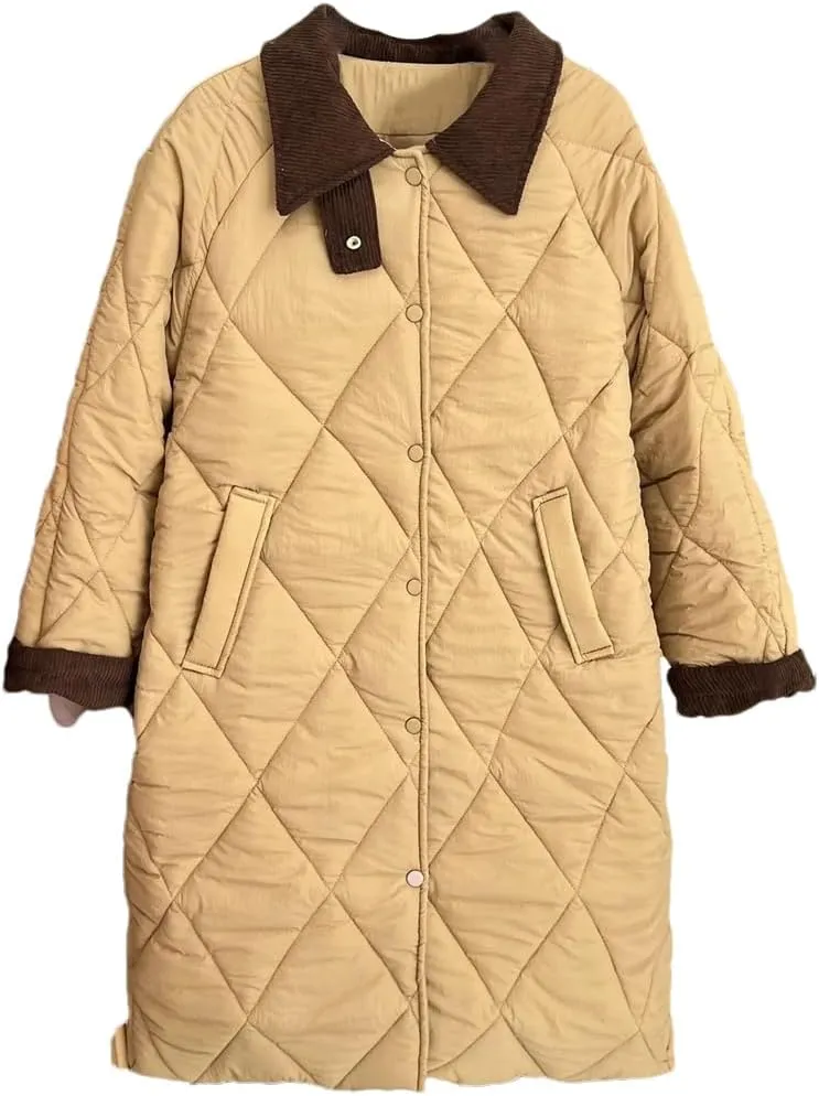 Women Autumn Winter Simple Block Color Long Cotton-Padded Coat Plus Size Warm Parkas