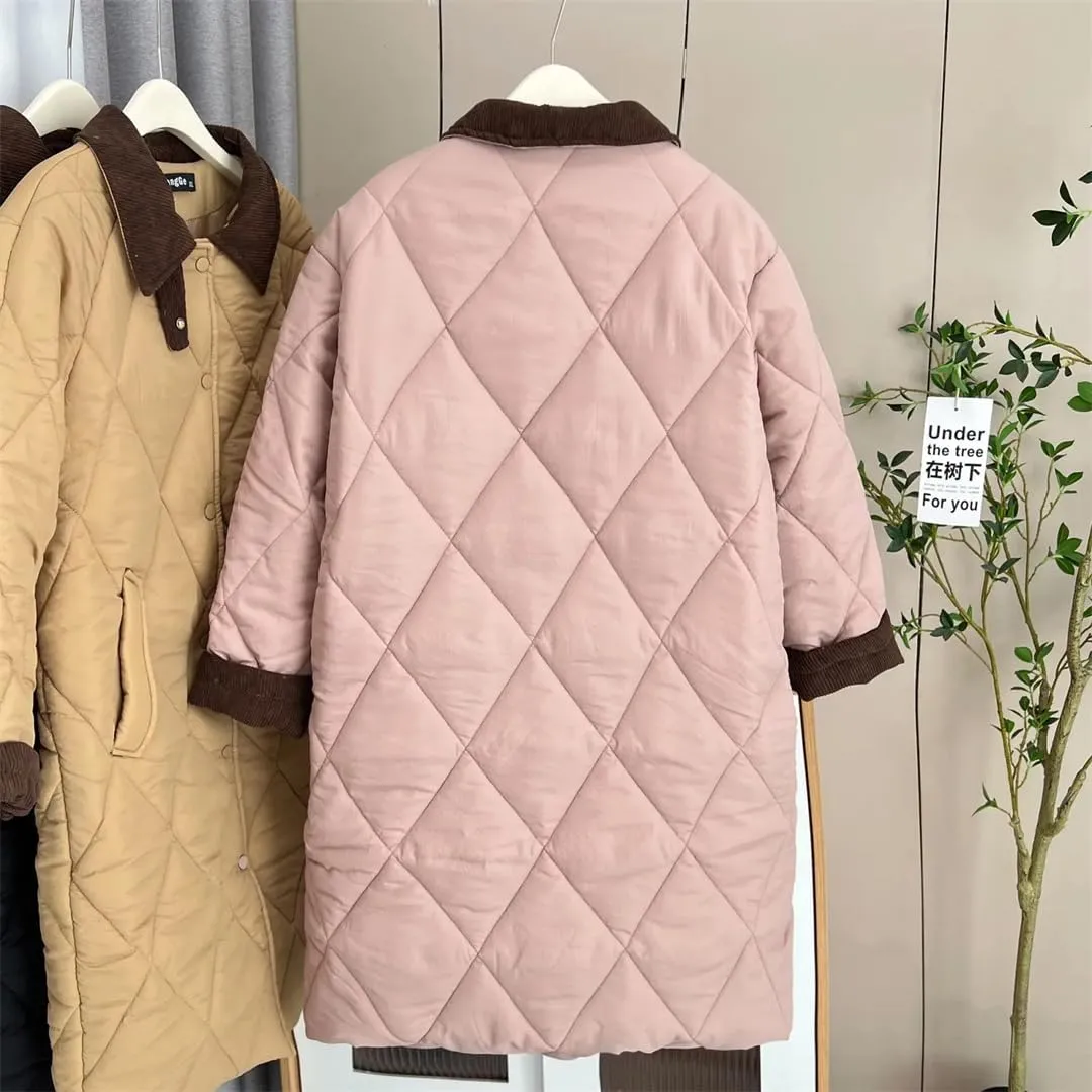 Women Autumn Winter Simple Block Color Long Cotton-Padded Coat Plus Size Warm Parkas