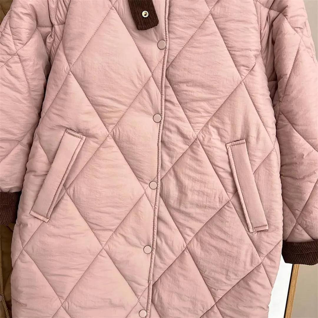 Women Autumn Winter Simple Block Color Long Cotton-Padded Coat Plus Size Warm Parkas