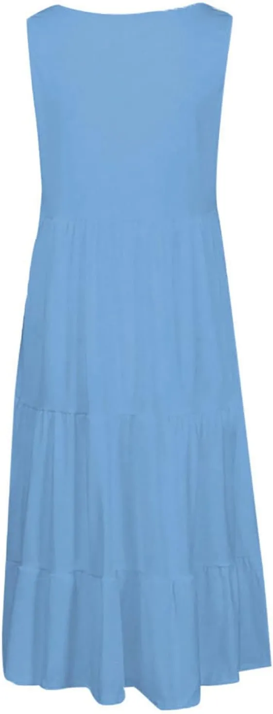 Women Casual Summer Sundress Plus Size Scoop Neck Sleeveless Knee Length Swing Dress Pleated Ruffle A-Line Tank Dress