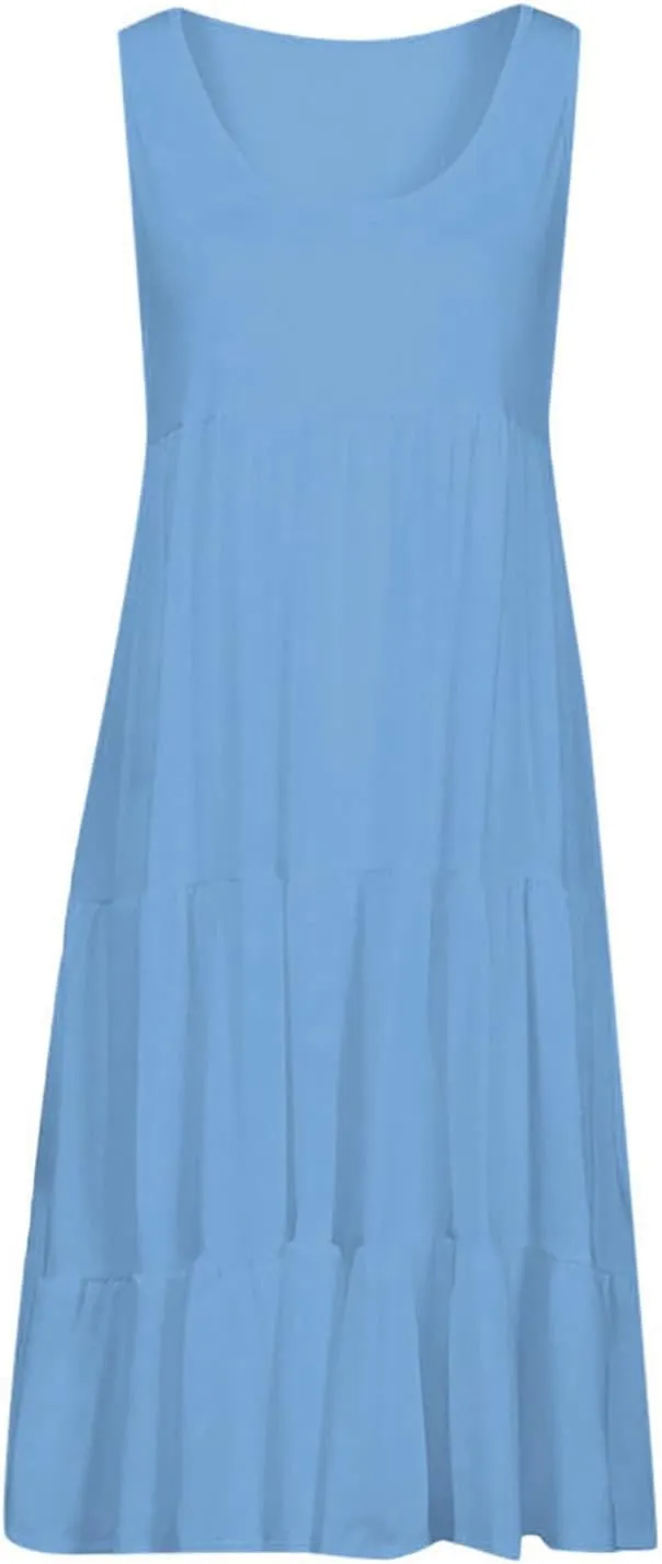 Women Casual Summer Sundress Plus Size Scoop Neck Sleeveless Knee Length Swing Dress Pleated Ruffle A-Line Tank Dress