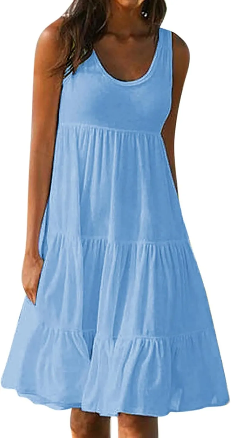 Women Casual Summer Sundress Plus Size Scoop Neck Sleeveless Knee Length Swing Dress Pleated Ruffle A-Line Tank Dress