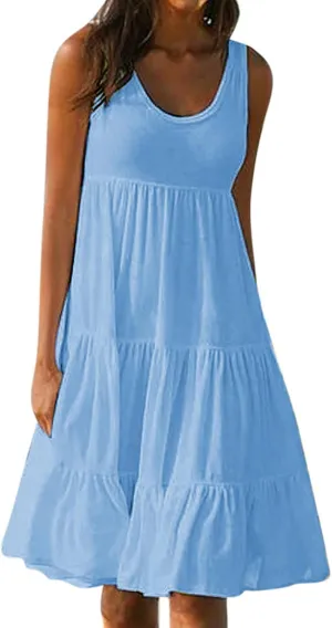 Women Casual Summer Sundress Plus Size Scoop Neck Sleeveless Knee Length Swing Dress Pleated Ruffle A-Line Tank Dress