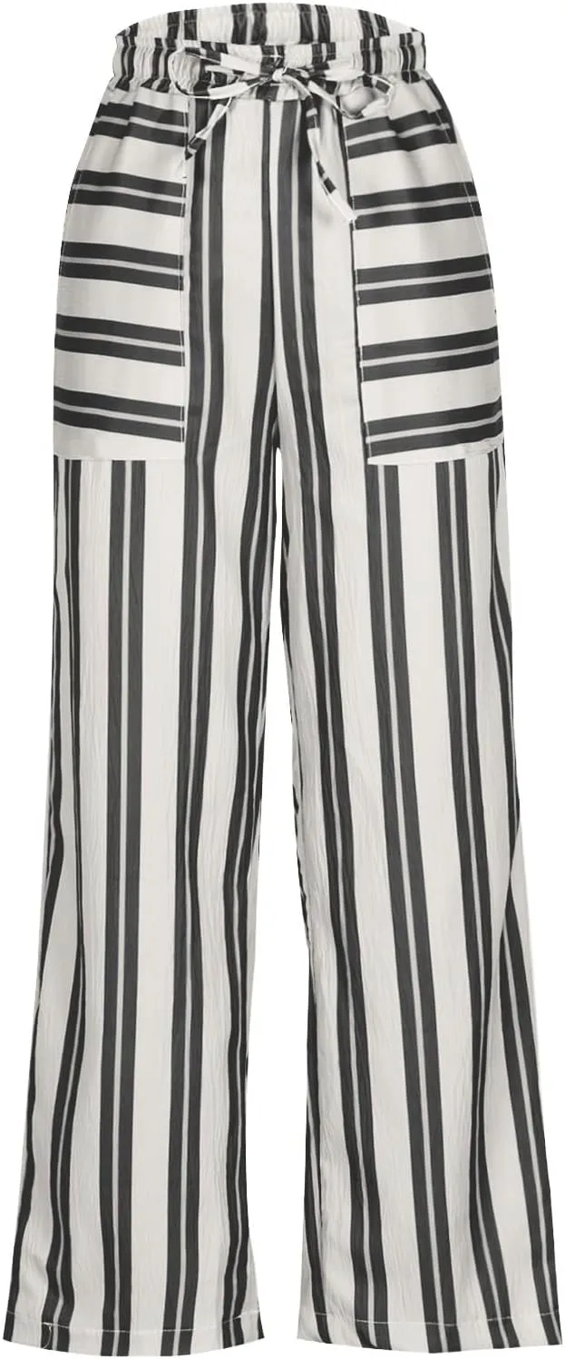 Women Drawstring Stripe Wide Leg Trousers Low Rise Casual Loose Lounge Pants with Pockets, Large, 02-blue