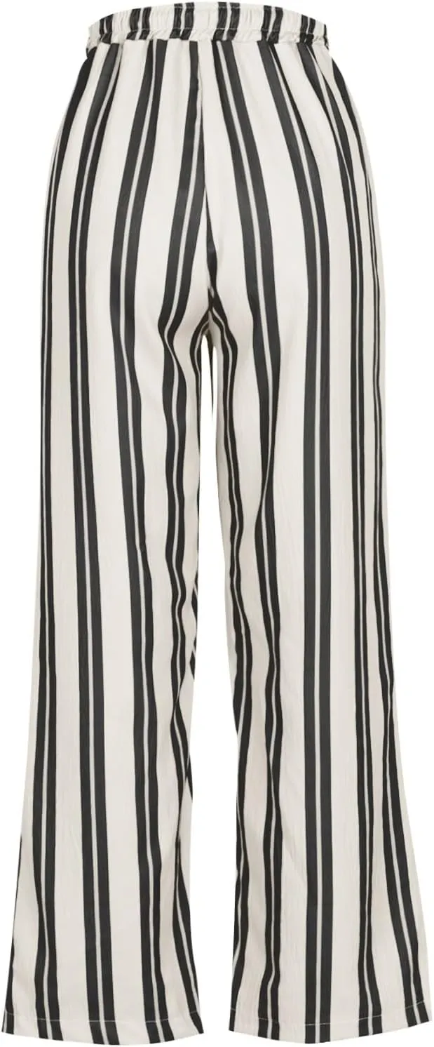 Women Drawstring Stripe Wide Leg Trousers Low Rise Casual Loose Lounge Pants with Pockets, Large, 02-blue