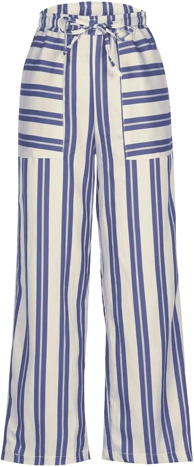 Women Drawstring Stripe Wide Leg Trousers Low Rise Casual Loose Lounge Pants with Pockets, Large, 02-blue