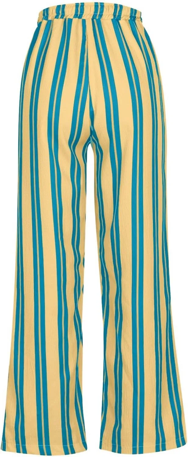 Women Drawstring Stripe Wide Leg Trousers Low Rise Casual Loose Lounge Pants with Pockets, Large, 02-blue