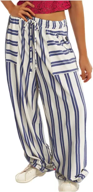 Women Drawstring Stripe Wide Leg Trousers Low Rise Casual Loose Lounge Pants with Pockets, Large, 02-blue