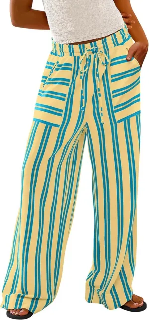 Women Drawstring Stripe Wide Leg Trousers Low Rise Casual Loose Lounge Pants with Pockets, Large, 02-blue