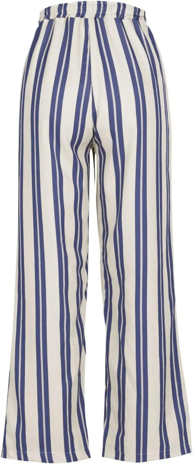 Women Drawstring Stripe Wide Leg Trousers Low Rise Casual Loose Lounge Pants with Pockets, Large, 02-blue