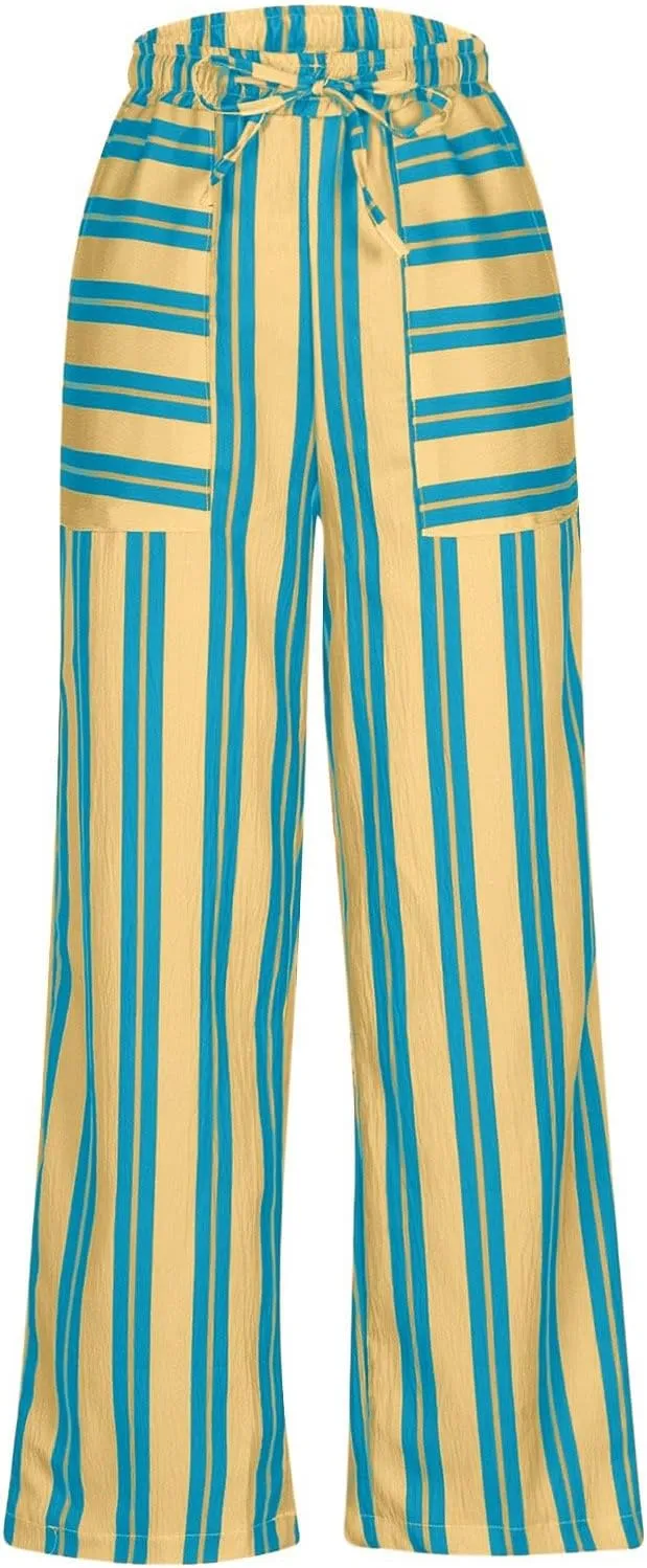 Women Drawstring Stripe Wide Leg Trousers Low Rise Casual Loose Lounge Pants with Pockets, Large, 02-blue