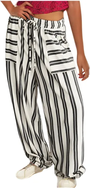 Women Drawstring Stripe Wide Leg Trousers Low Rise Casual Loose Lounge Pants with Pockets, Large, 02-blue