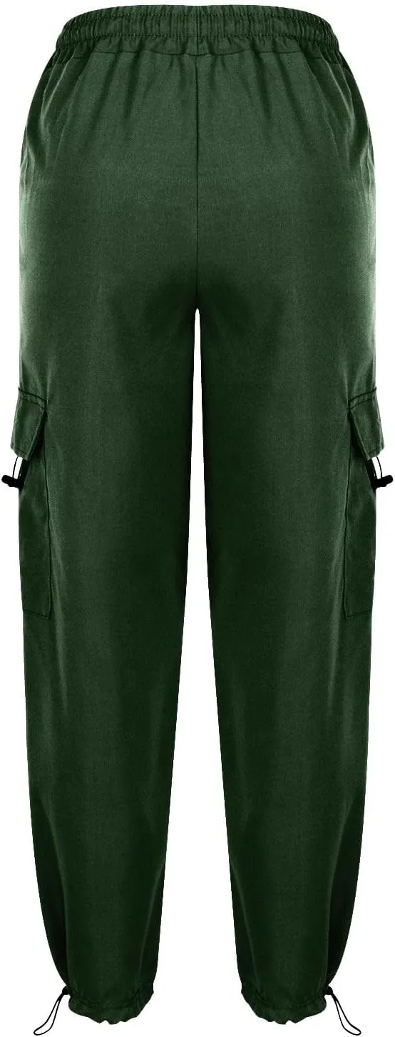 Women Elastic Waist Cargo Pants Parachute Drawstring Overalls Wide Leg Trendy Y2K Pants Teen Girls Hiking Trousers