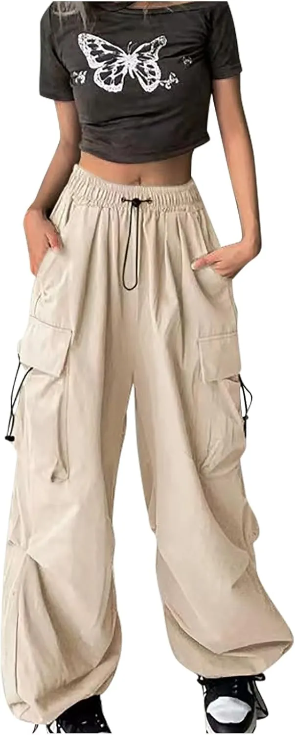 Women Elastic Waist Cargo Pants Parachute Drawstring Overalls Wide Leg Trendy Y2K Pants Teen Girls Hiking Trousers