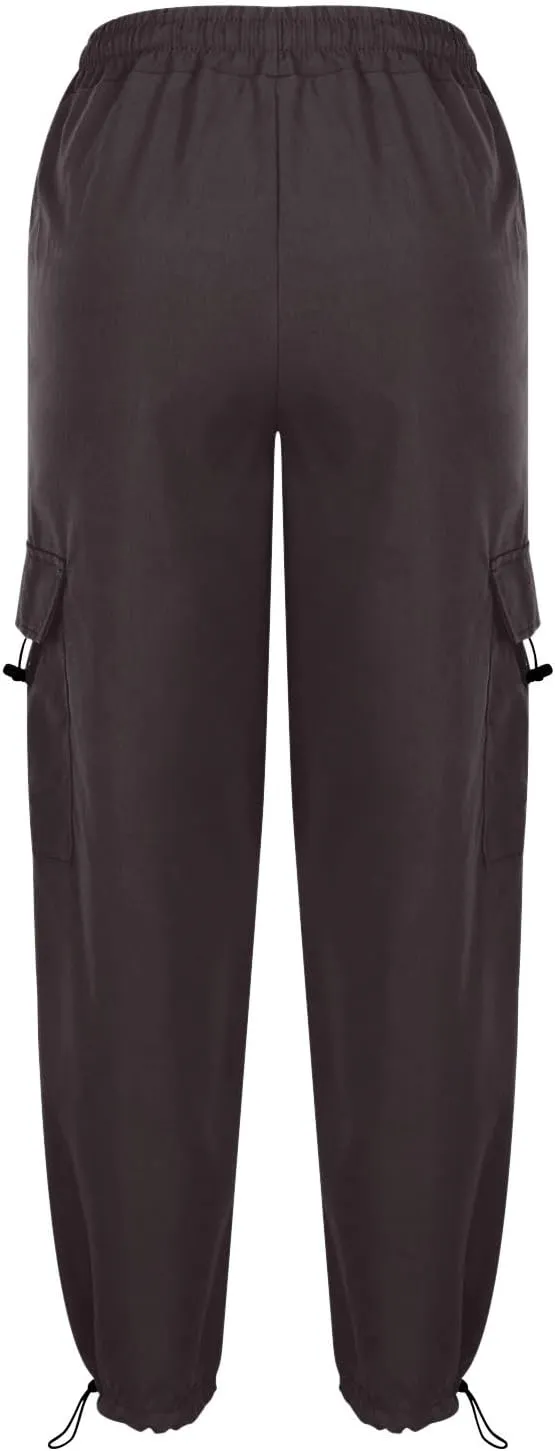 Women Elastic Waist Cargo Pants Parachute Drawstring Overalls Wide Leg Trendy Y2K Pants Teen Girls Hiking Trousers